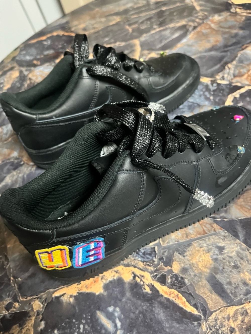CUSTOM Black Embellished Low-Top Sneakers with Colorful Patch